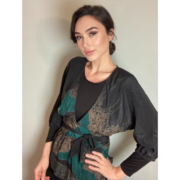 Maple Anthropologie Twilight Navy Aqua Abstract Silk Wrap Blouse ~ Sz 6 ~ Deco - Picture 2 of 8